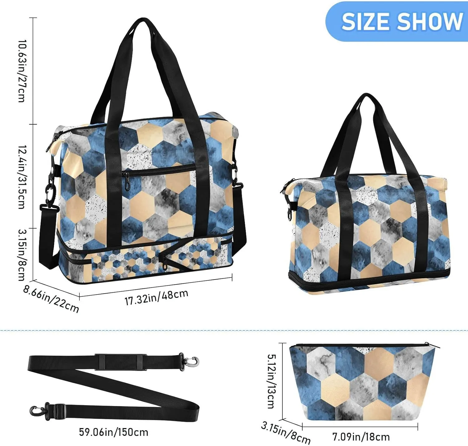 Gold Foil, Gray Marble, Deep Blue Polygons Geometric Hexagon Tile Gym Duffel Bag, Polyester Travel Weekender Luggage Handbag with Waterproof Pocket for Wet Items, Unisex Foldable Tote for Sports