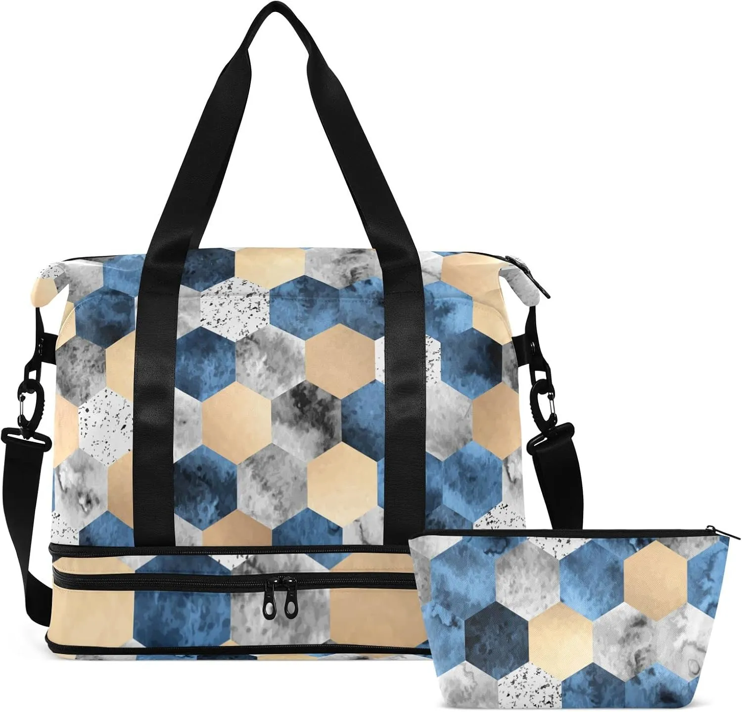Gold Foil, Gray Marble, Deep Blue Polygons Geometric Hexagon Tile Gym Duffel Bag, Polyester Travel Weekender Luggage Handbag with Waterproof Pocket for Wet Items, Unisex Foldable Tote for Sports