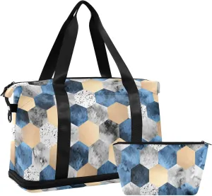 Gold Foil, Gray Marble, Deep Blue Polygons Geometric Hexagon Tile Gym Duffel Bag, Polyester Travel Weekender Luggage Handbag with Waterproof Pocket for Wet Items, Unisex Foldable Tote for Sports