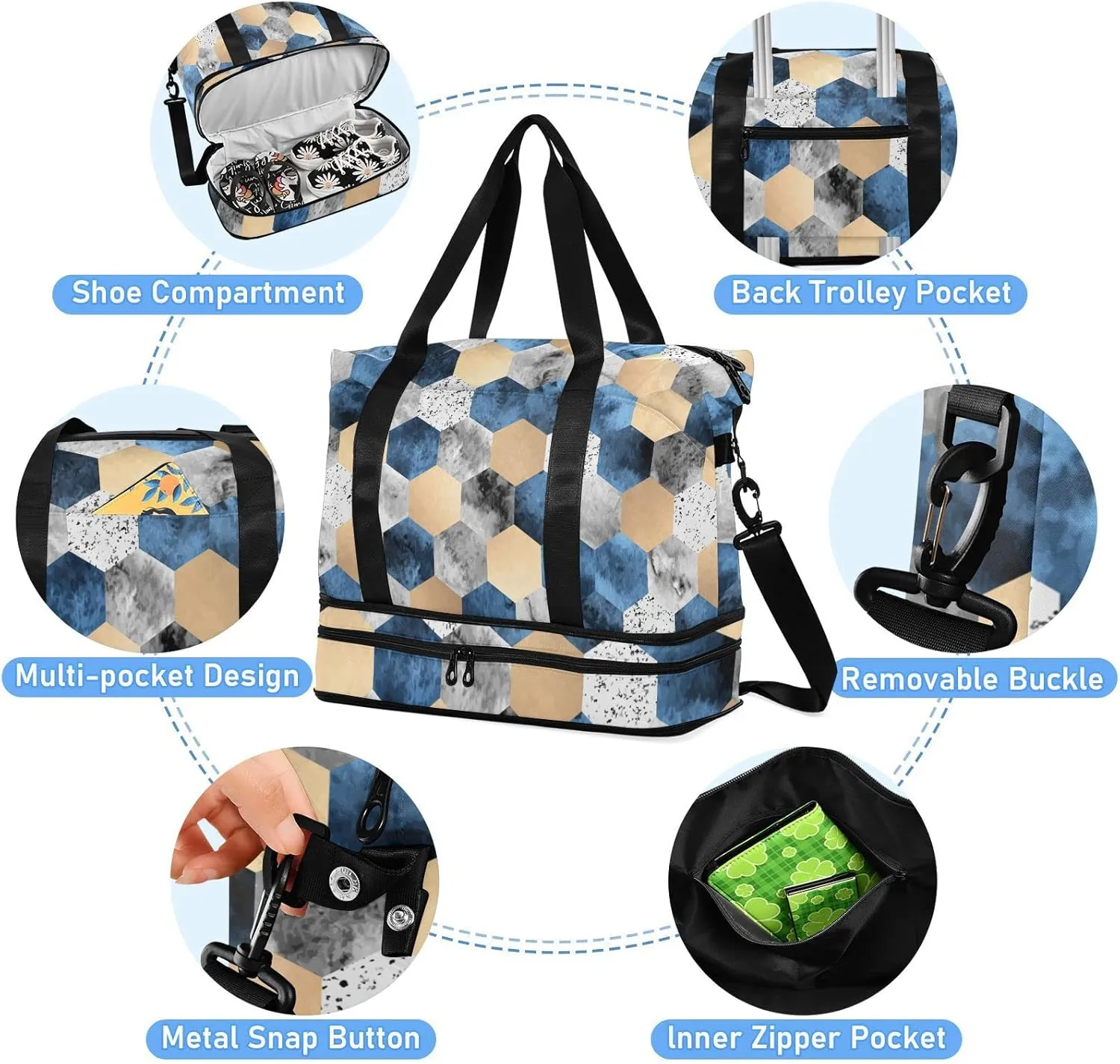 Gold Foil, Gray Marble, Deep Blue Polygons Geometric Hexagon Tile Gym Duffel Bag, Polyester Travel Weekender Luggage Handbag with Waterproof Pocket for Wet Items, Unisex Foldable Tote for Sports