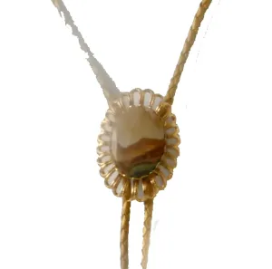 Gold-Plated Wire Bolo Tie Slide Is Set with Picturte Jasper with Gold Metallic Leather Cord and Swirl Tips