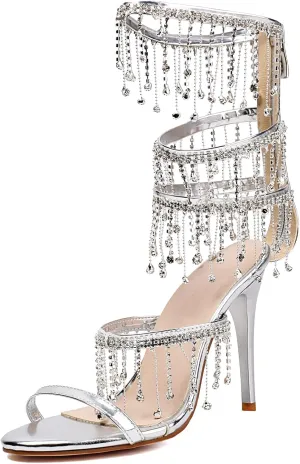 Gold Rhinestone Tassel Stiletto Heels for Women Sequined Stilettos Metallic Sparkly Fringe Sandals