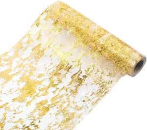 Gold Table Runner,Sequin Glitter Foil Metallic Thin Mesh Table Runner Roll 11 Inch x 100 Feet, Golden Table Decorations for Event Party, Wedding, Birthday Party , Christmas