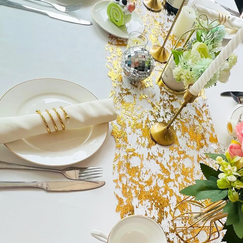 Gold Table Runner,Sequin Glitter Foil Metallic Thin Mesh Table Runner Roll 11 Inch x 100 Feet, Golden Table Decorations for Event Party, Wedding, Birthday Party , Christmas