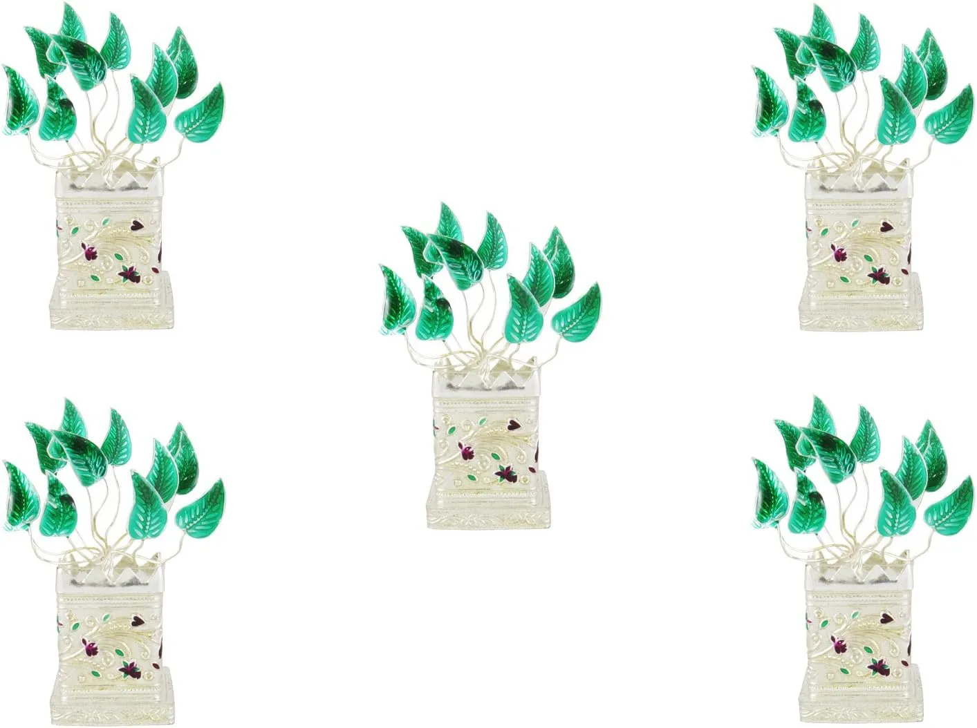 GoldGiftIdeas Silver Plated Tulsi Plant, Pooja Items for Home, Religious Return Gift for Wedding and Housewarming with Designer Potli Bags (Pack of 5)