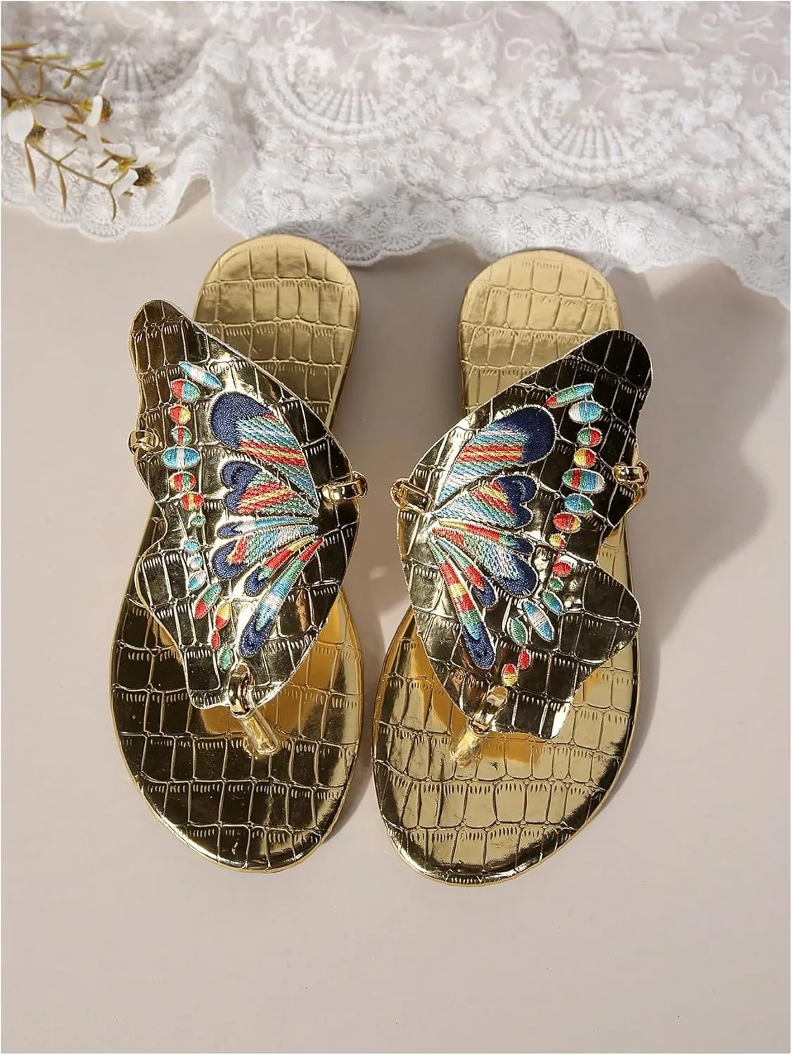 GORGLITTER Women's Butterfly Metallic Thong Sandals Open Toe Slip On Flip Flops Slippers
