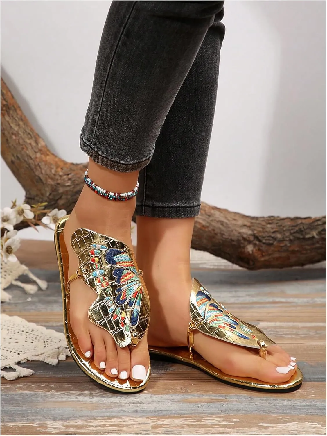 GORGLITTER Women's Butterfly Metallic Thong Sandals Open Toe Slip On Flip Flops Slippers