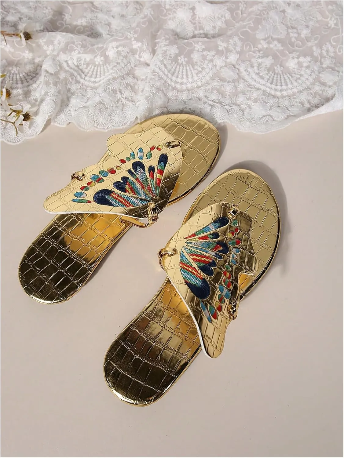 GORGLITTER Women's Butterfly Metallic Thong Sandals Open Toe Slip On Flip Flops Slippers