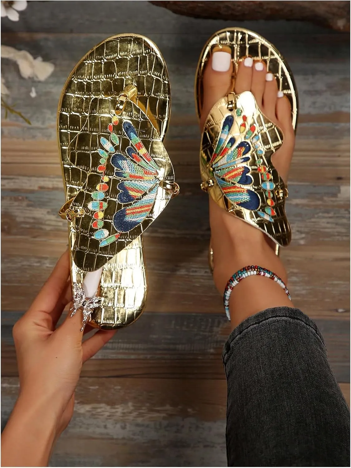 GORGLITTER Women's Butterfly Metallic Thong Sandals Open Toe Slip On Flip Flops Slippers