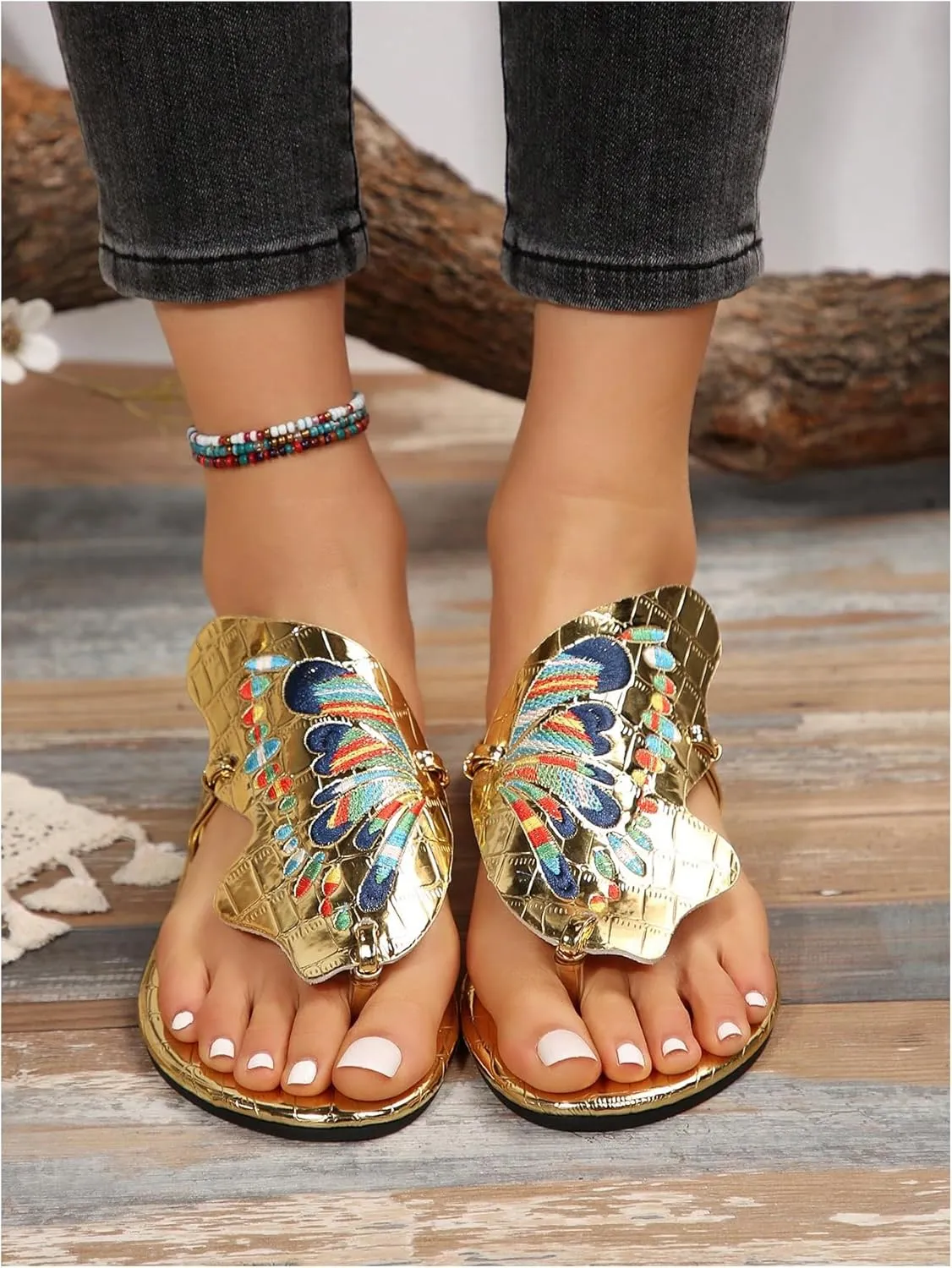 GORGLITTER Women's Butterfly Metallic Thong Sandals Open Toe Slip On Flip Flops Slippers