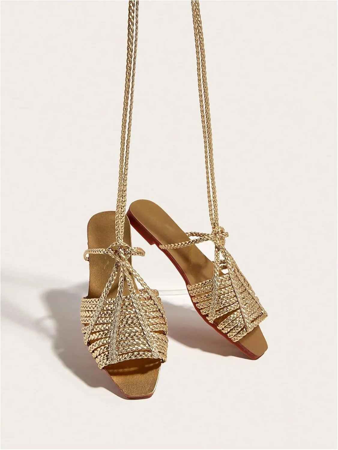 GORGLITTER Women's Summer Gold Flat Sandals 2025 Metallic Braided Lace Up Slide Strappy Square Open Toe Shoes
