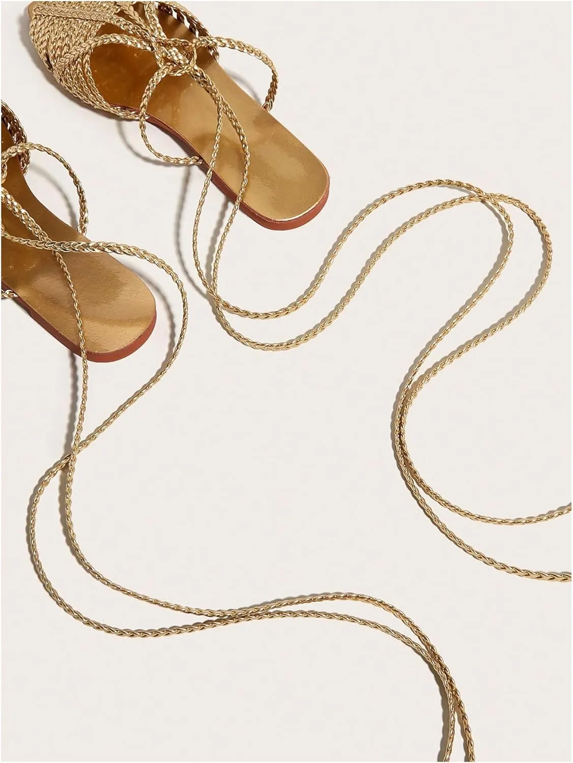 GORGLITTER Women's Summer Gold Flat Sandals 2025 Metallic Braided Lace Up Slide Strappy Square Open Toe Shoes