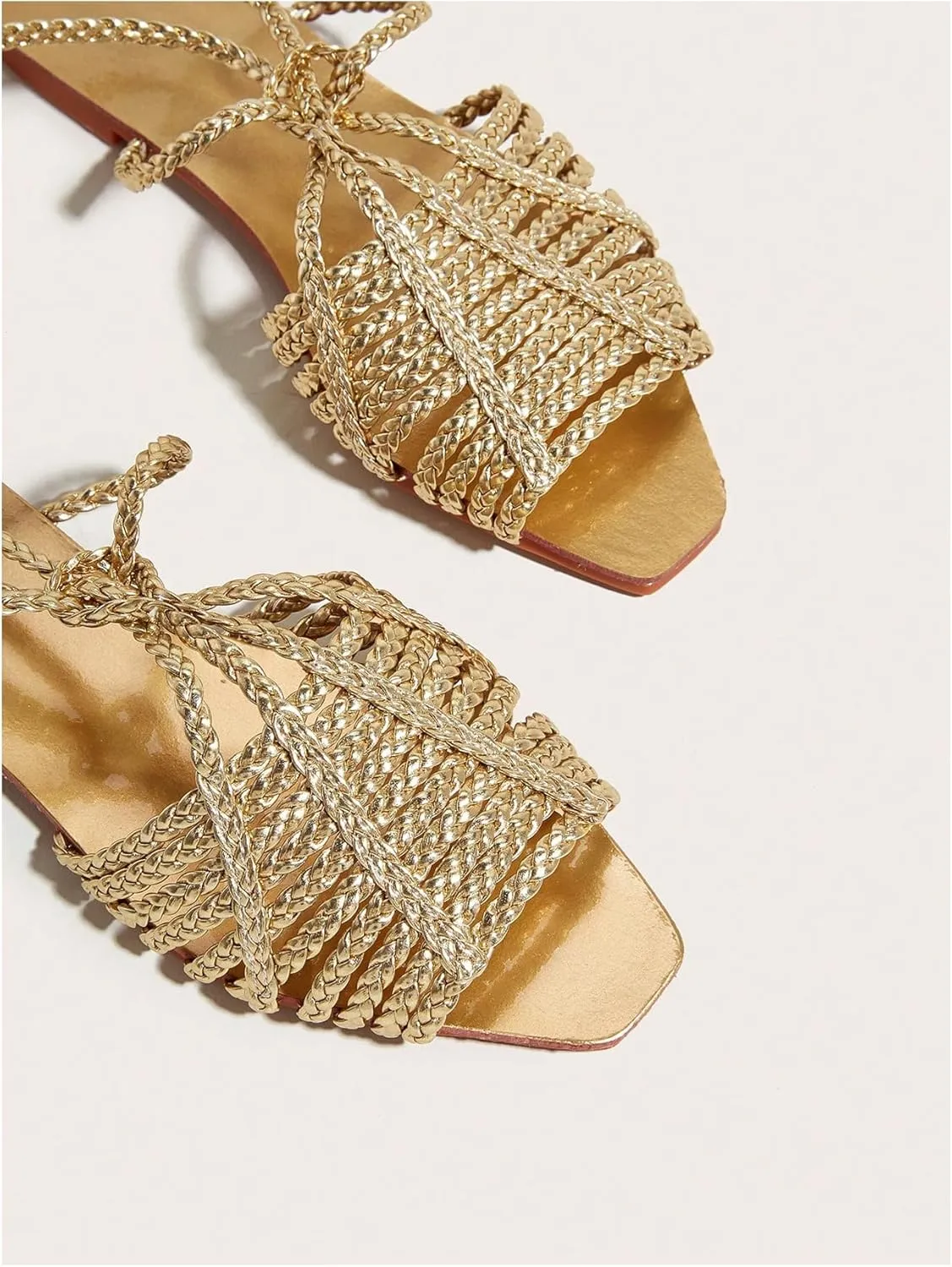 GORGLITTER Women's Summer Gold Flat Sandals 2025 Metallic Braided Lace Up Slide Strappy Square Open Toe Shoes