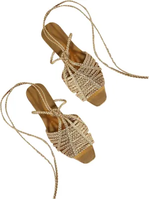 GORGLITTER Women's Summer Gold Flat Sandals 2025 Metallic Braided Lace Up Slide Strappy Square Open Toe Shoes