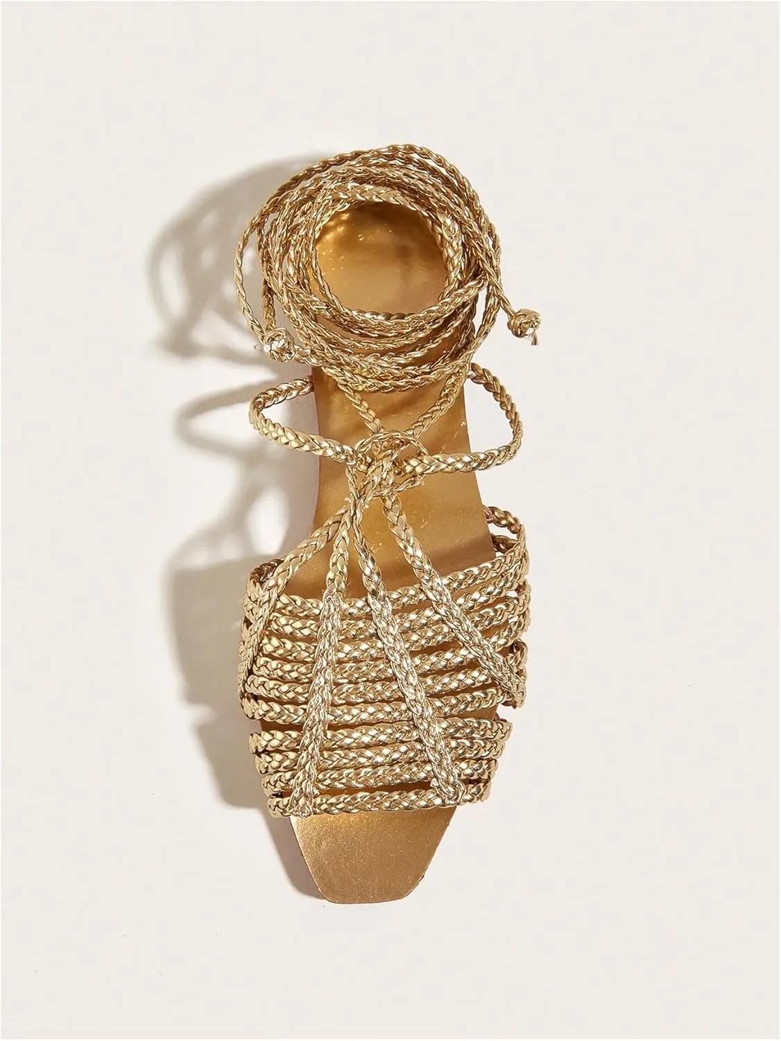 GORGLITTER Women's Summer Gold Flat Sandals 2025 Metallic Braided Lace Up Slide Strappy Square Open Toe Shoes