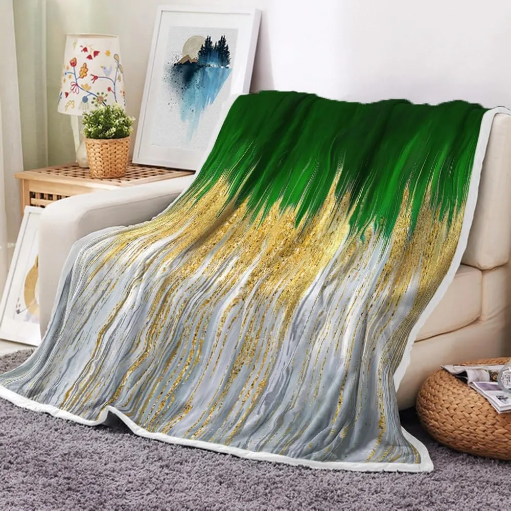 Green Golden Fleece Throw Blanket - Olive Abstract Stripes Sherpa for Boys Teens Decor - Geometric Plush Dark Emerald Modern Fuzzy for Home Sofas Couches Beds 50x60