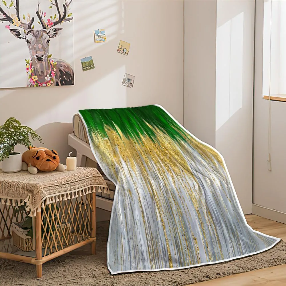 Green Golden Fleece Throw Blanket - Olive Abstract Stripes Sherpa for Boys Teens Decor - Geometric Plush Dark Emerald Modern Fuzzy for Home Sofas Couches Beds 50x60