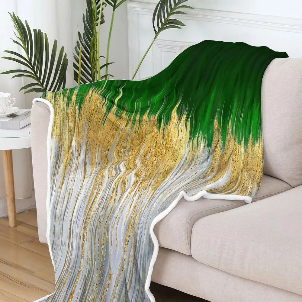 Green Golden Fleece Throw Blanket - Olive Abstract Stripes Sherpa for Boys Teens Decor - Geometric Plush Dark Emerald Modern Fuzzy for Home Sofas Couches Beds 50x60