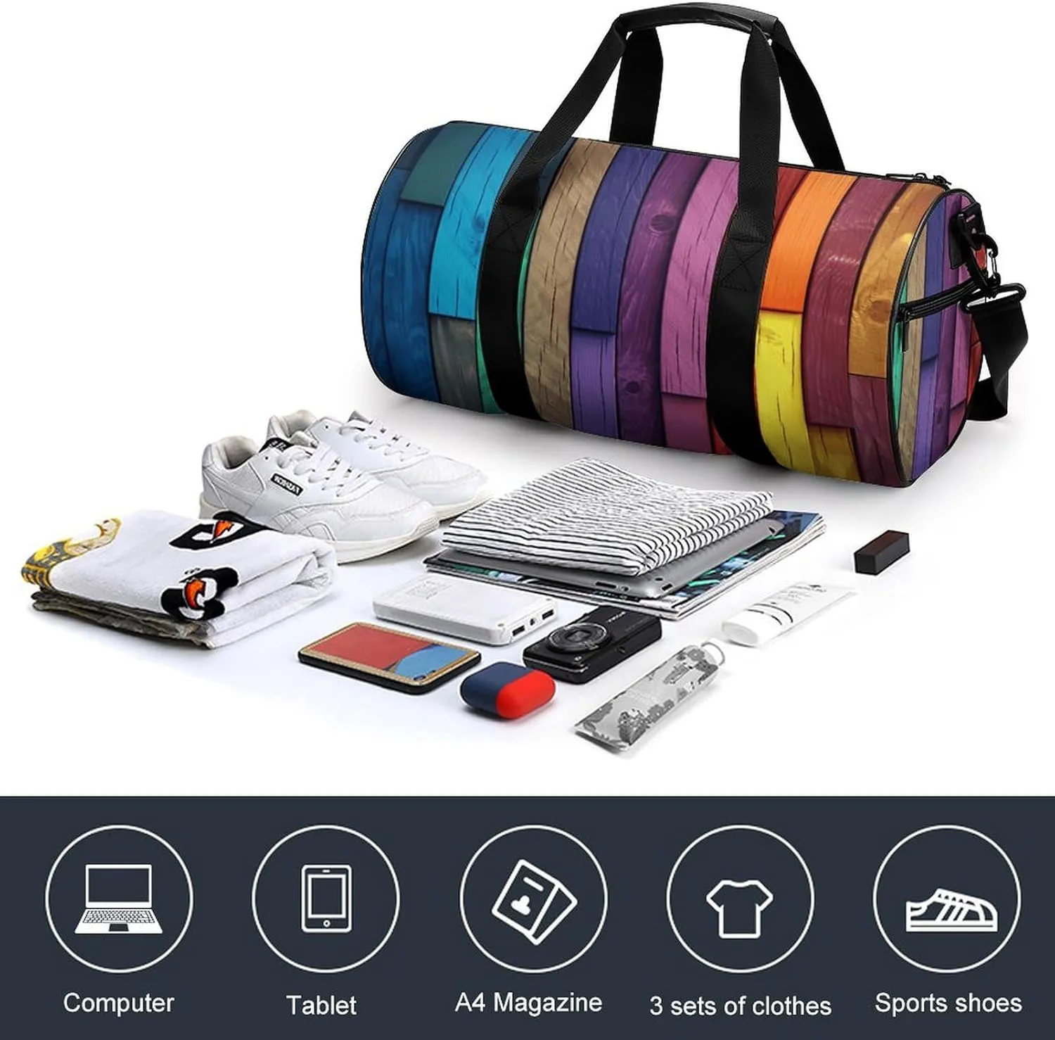 Gym Bag Colored Wood Duffel Bag for Men Women Overnight Bag with Shoe Compartment Workout Bags