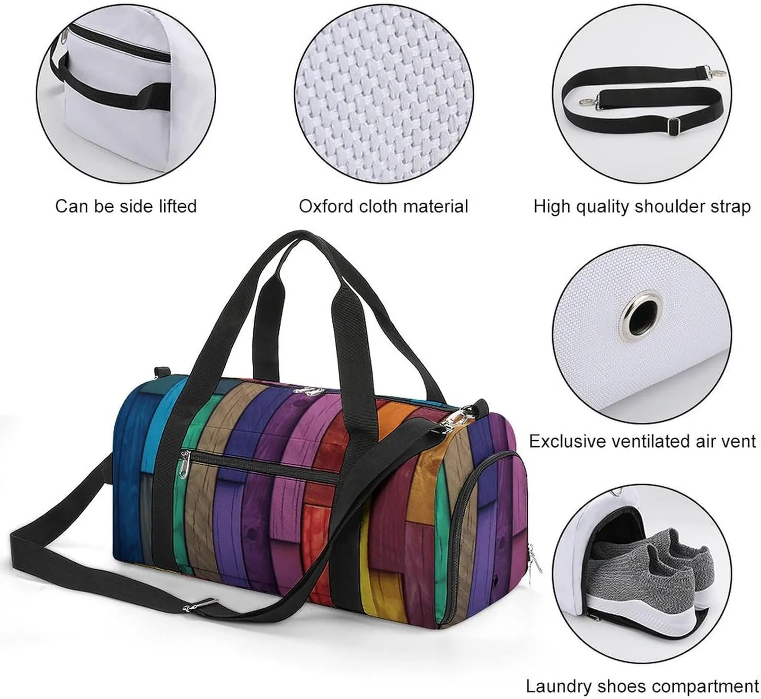 Gym Bag Colored Wood Duffel Bag for Men Women Overnight Bag with Shoe Compartment Workout Bags