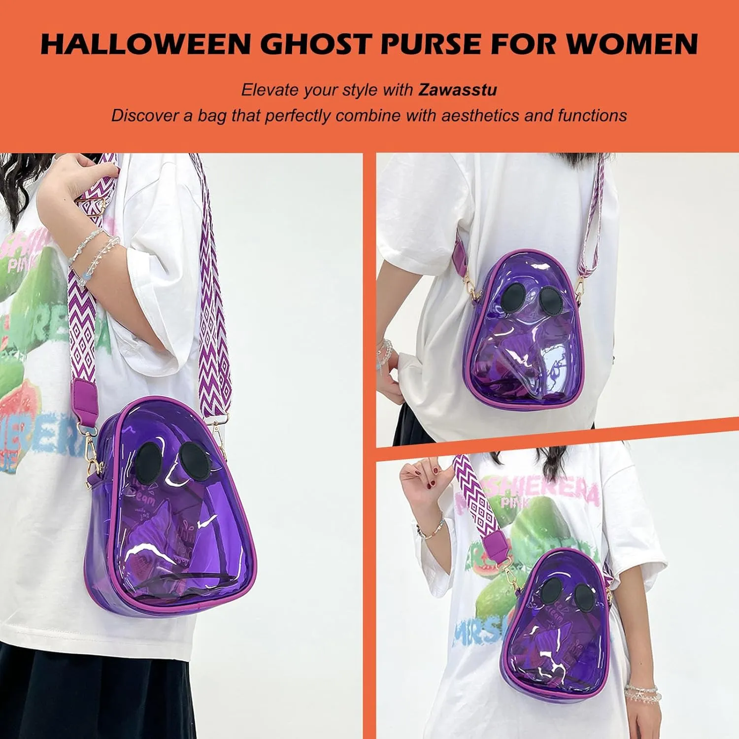 Halloween Pumpkin Clear Crossbody Purse, Transparent Lovely Ghost Purse Novelty Cute Spooky Season Shoulder Bag for Women