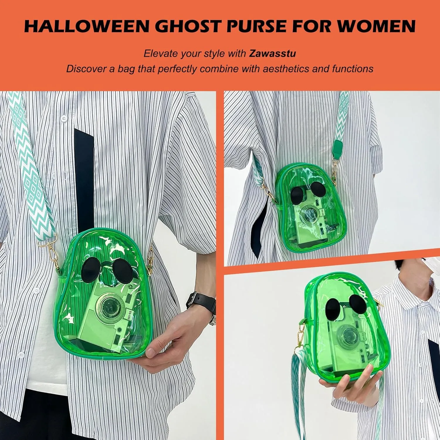 Halloween Pumpkin Clear Crossbody Purse, Transparent Lovely Ghost Purse Novelty Cute Spooky Season Shoulder Bag for Women