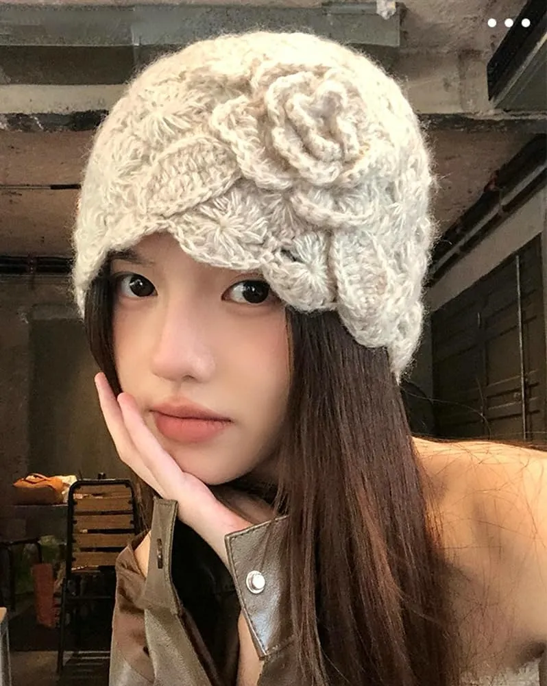 Hand Crocheted Knitted Bucket Hats for Women Winter Beanie Hat Soft Crochet Skullies Beanies with Flower Accent