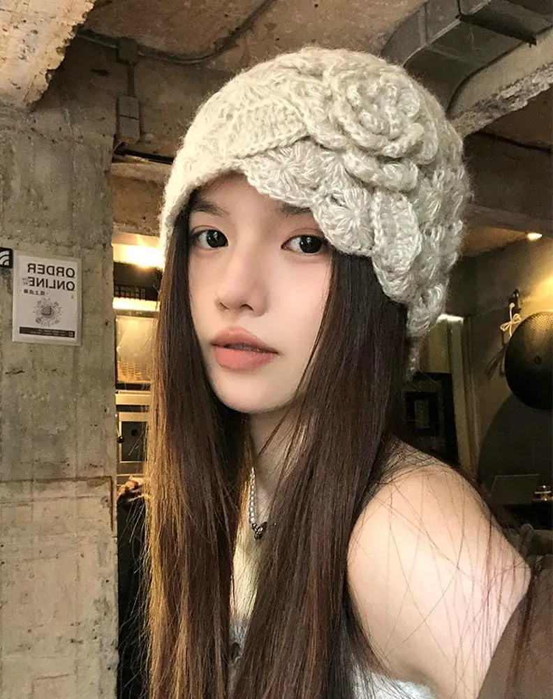 Hand Crocheted Knitted Bucket Hats for Women Winter Beanie Hat Soft Crochet Skullies Beanies with Flower Accent