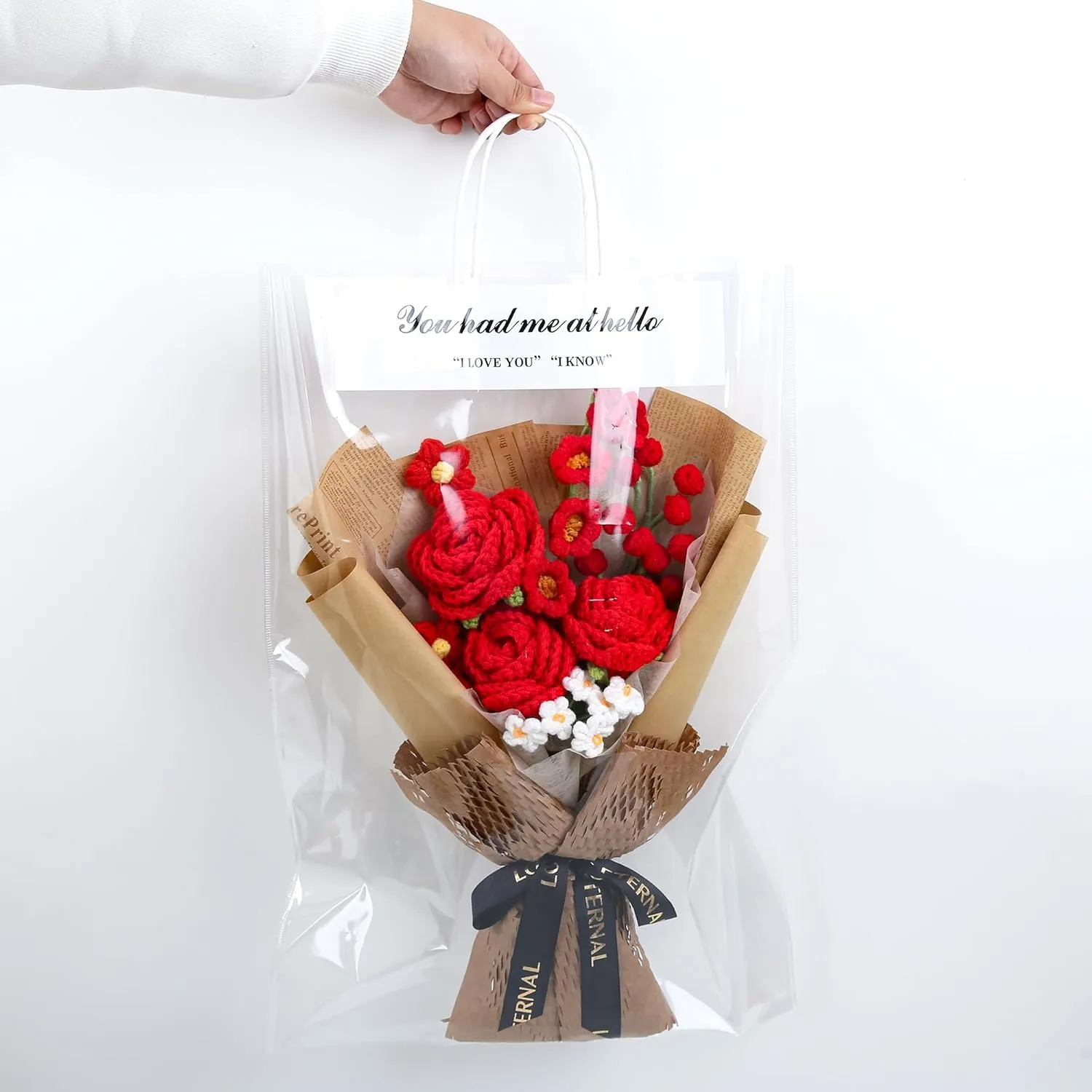 Handmade Crochet Flower Bouquet Gift Set - Forever Crochet Flowers for Girlfriend's Day, Valentine's Day, Anniversary - Home Decoration with Greeting Card & Gift Bag