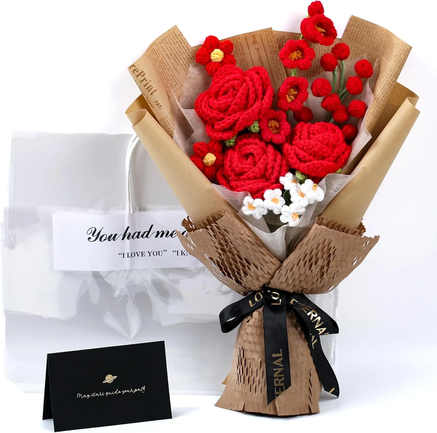 Handmade Crochet Flower Bouquet Gift Set - Forever Crochet Flowers for Girlfriend's Day, Valentine's Day, Anniversary - Home Decoration with Greeting Card & Gift Bag