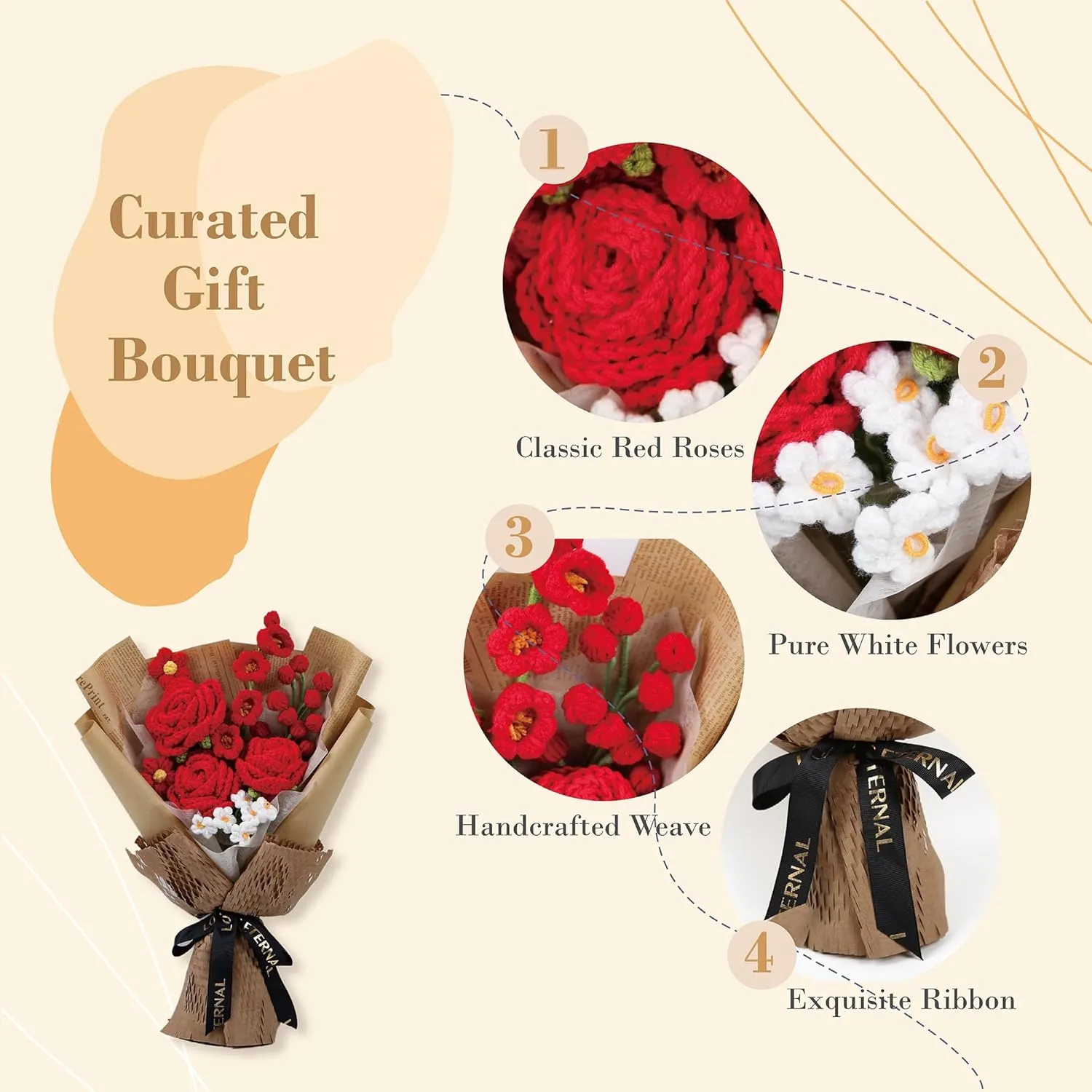 Handmade Crochet Flower Bouquet Gift Set - Forever Crochet Flowers for Girlfriend's Day, Valentine's Day, Anniversary - Home Decoration with Greeting Card & Gift Bag