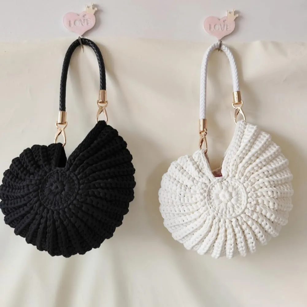 Handmade Crochet Seashell Purse with Pearl Chain Summer Woven Handbag Small Shell Crossbody Beach Bag