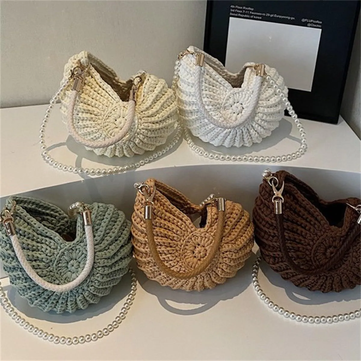 Handwoven Fashion Seashell Bag for Women,Stylish & Unique Boho Clutch with Pearl Strap,Crochet Leather Handle Beach Bag