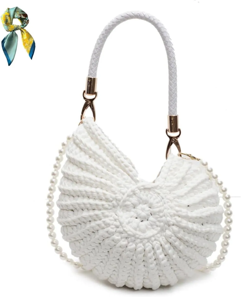 Handwoven Fashion Seashell Bag for Women,Stylish & Unique Boho Clutch with Pearl Strap,Crochet Leather Handle Beach Bag