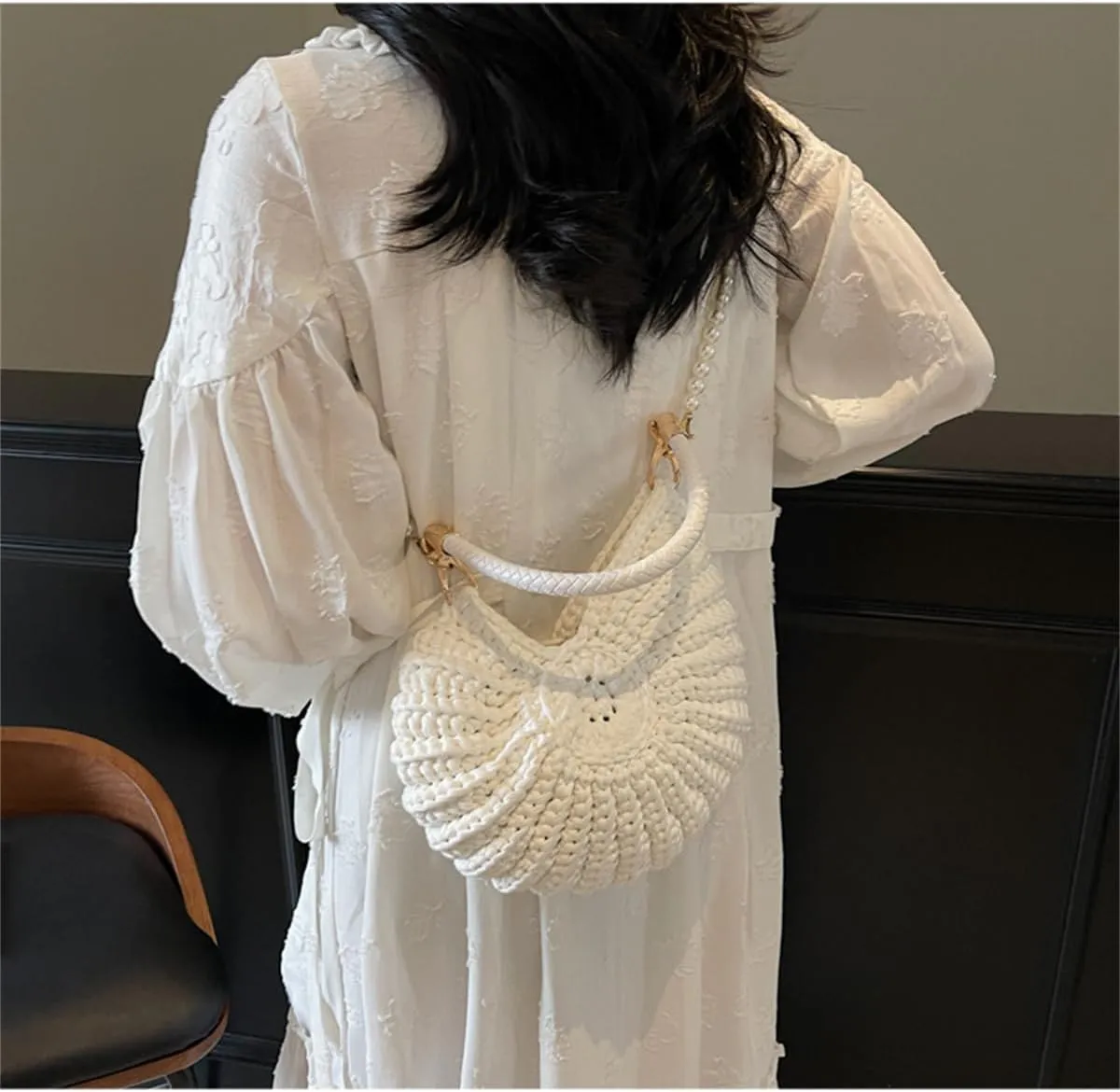 Handwoven Fashion Seashell Bag for Women,Stylish & Unique Boho Clutch with Pearl Strap,Crochet Leather Handle Beach Bag