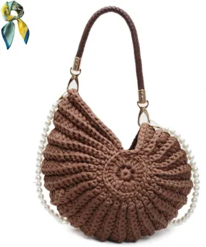 Handwoven Fashion Seashell Bag for Women,Stylish & Unique Boho Clutch with Pearl Strap,Crochet Leather Handle Beach Bag