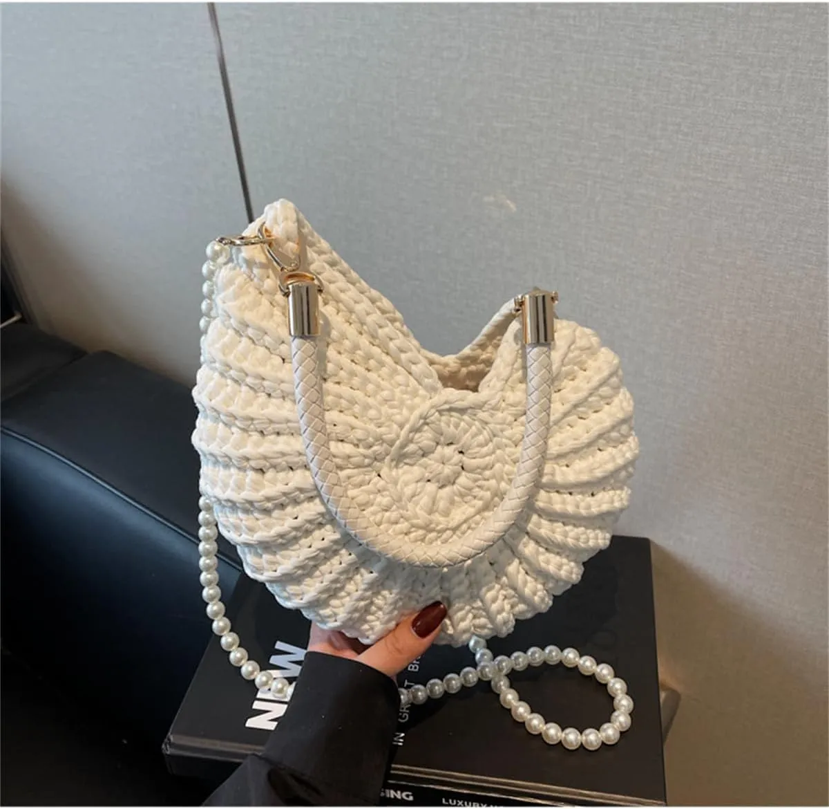 Handwoven Fashion Seashell Bag for Women,Stylish & Unique Boho Clutch with Pearl Strap,Crochet Leather Handle Beach Bag