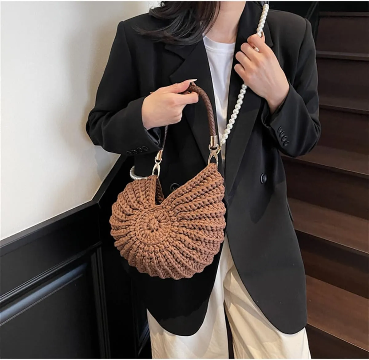 Handwoven Fashion Seashell Bag for Women,Stylish & Unique Boho Clutch with Pearl Strap,Crochet Leather Handle Beach Bag
