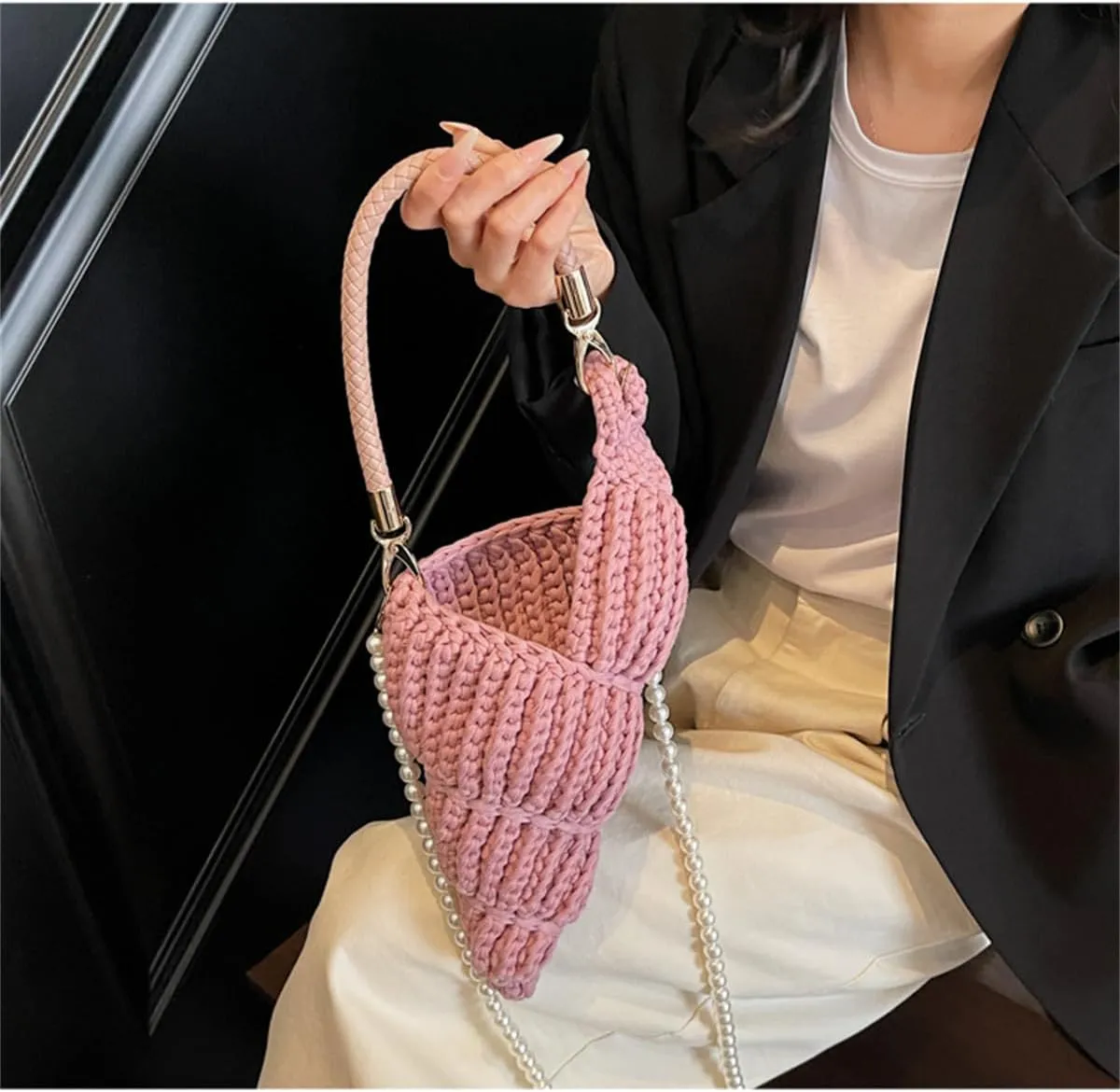Handwoven Fashion Seashell Bag,Womens Stylish & Unique Boho Clutch with Pearl Strap,Crochet Leather Handle Beach Bag