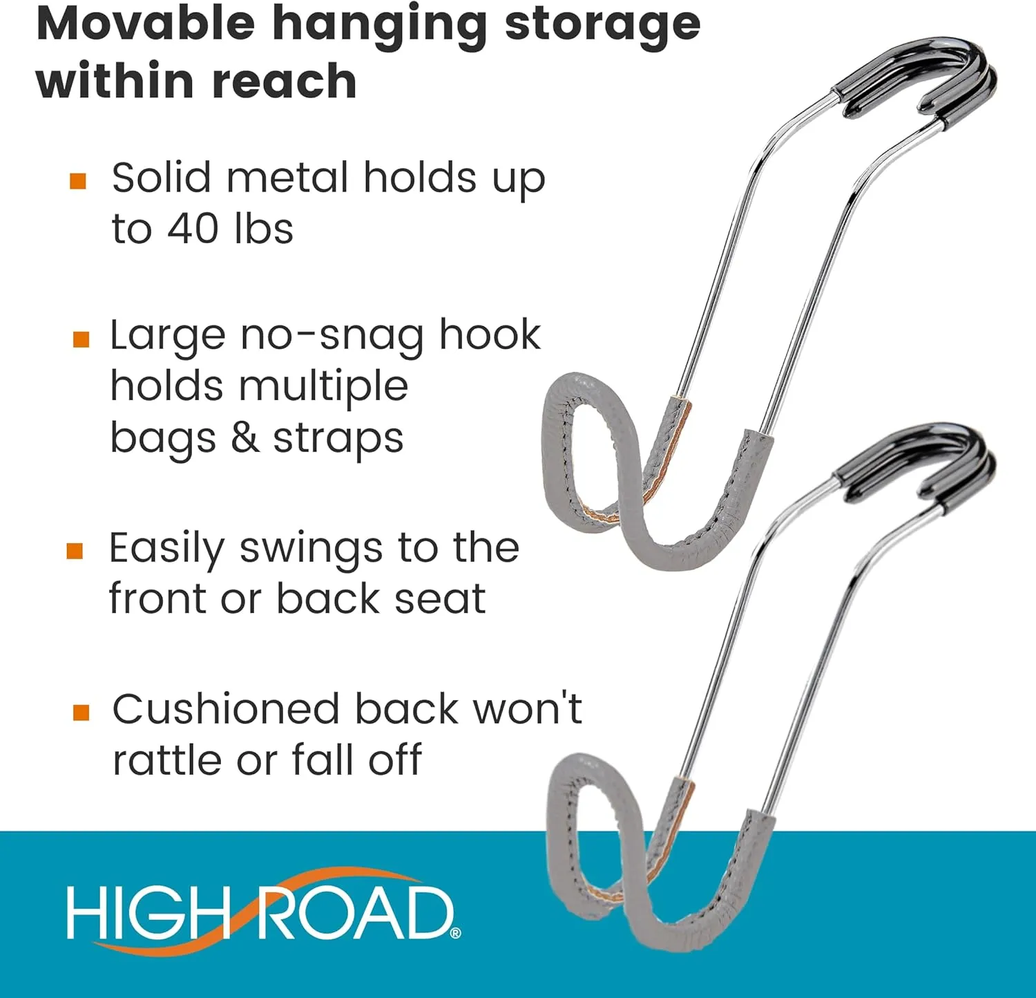 High Road Car Hooks for Purses and Bags with Leather Trim - Unbreakable Headrest Car Hooks for Large Purse Straps and Heavy Bags up to 40 lbs - Secure Attachment Loops Fit All Headrest Posts, 2-Pack