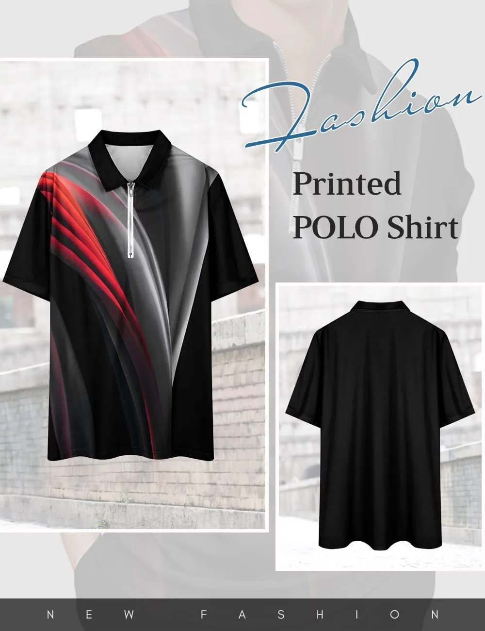Hodaweisolp Men's Short Sleeve Zipper Casual Slim Fit Printed Golf Polo Shirt Tops