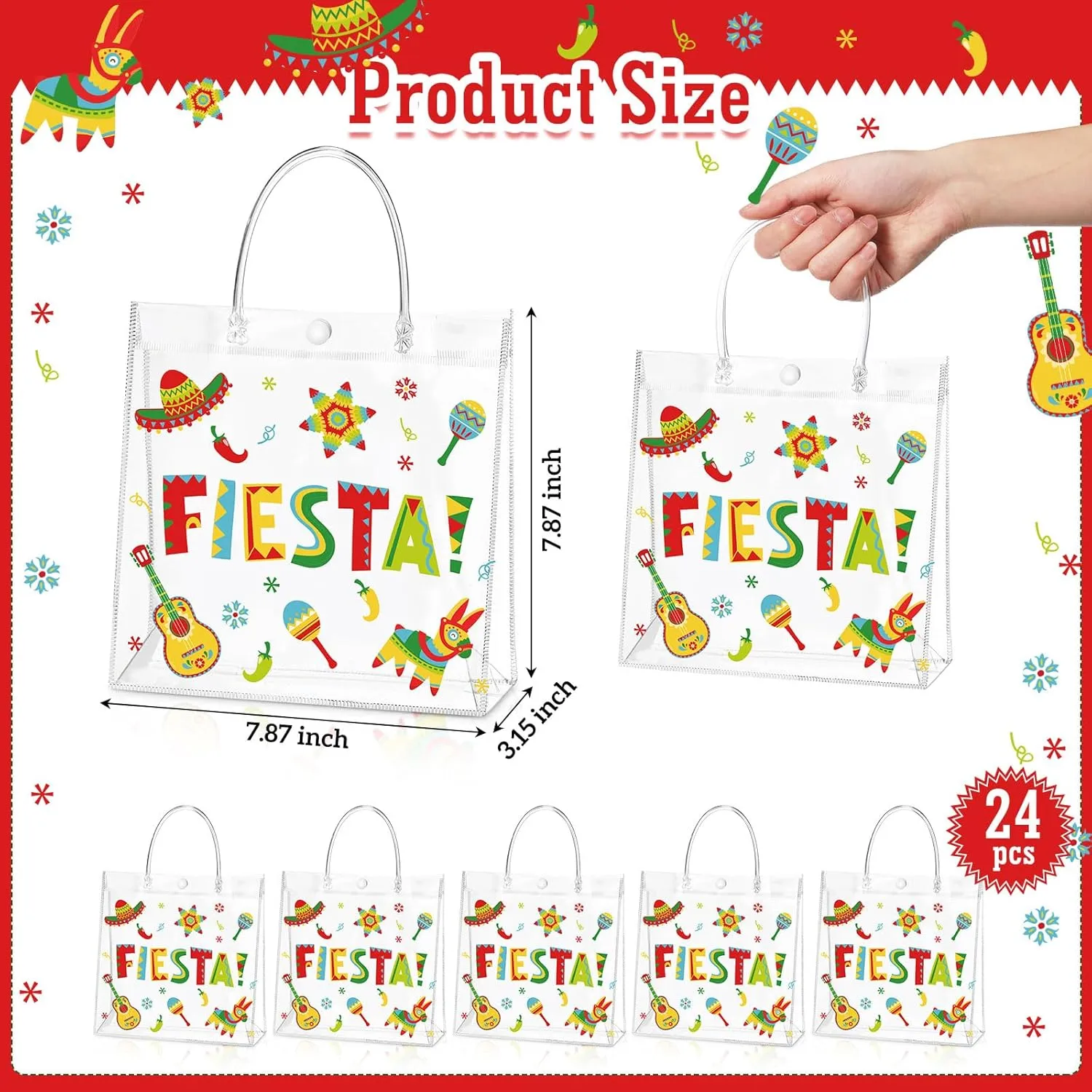 Hosuly 24 Pcs Mexican Fiesta PVC Treat Bags with Handles Reusable Fiesta Clear Plastic Gift Bags Cinco De Mayo Candy Goodie Bags Taco Bar Favor Bags Decor for Fiesta Mexico Party Supplies