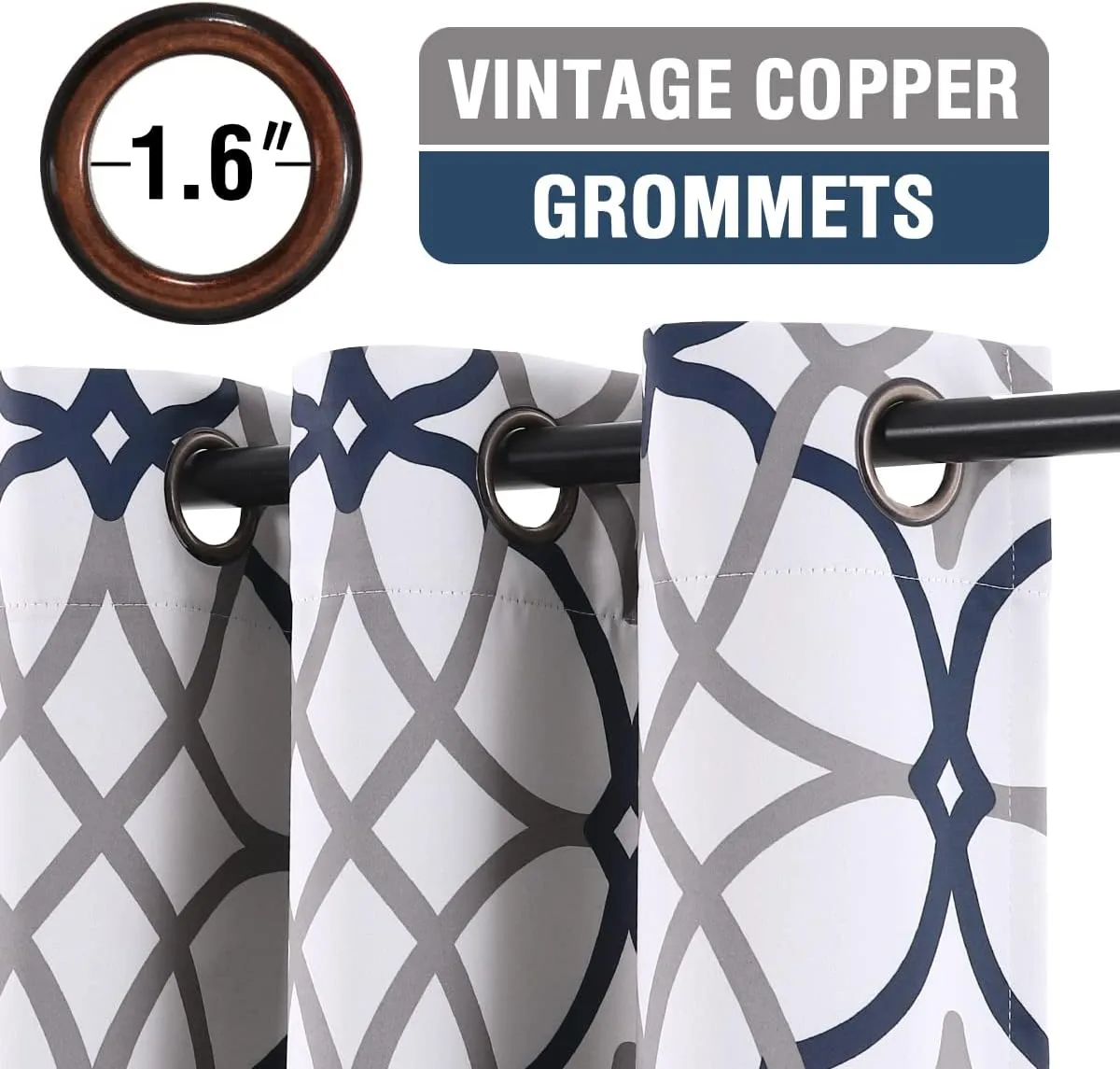 H.VERSAILTEX Blackout Curtains for Bedroom Printed Design 108 Inch Length Thermal Insulated Curtains for Living Room Geometric Modern Grommet Window Drapes 2 Panels Set, Dark Denim and Grey