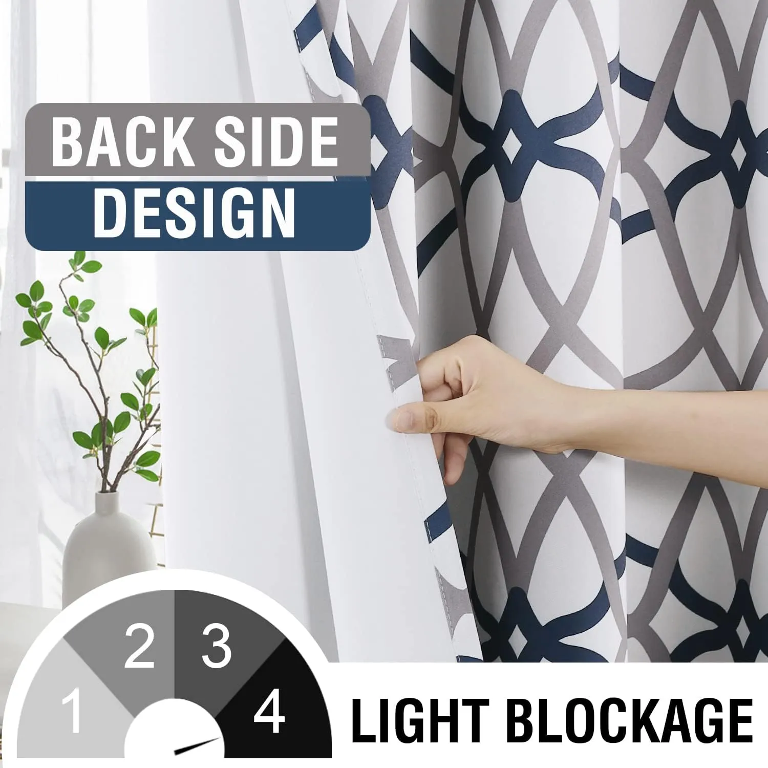 H.VERSAILTEX Blackout Curtains for Bedroom Printed Design 108 Inch Length Thermal Insulated Curtains for Living Room Geometric Modern Grommet Window Drapes 2 Panels Set, Dark Denim and Grey