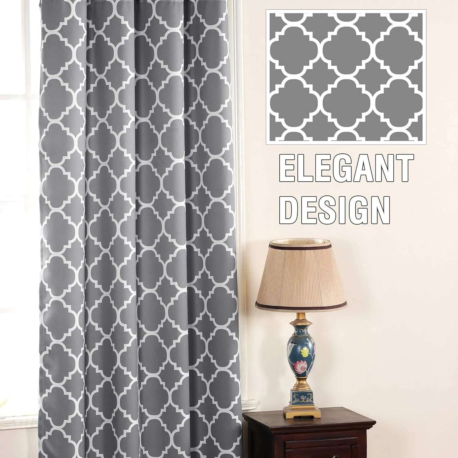 H.VERSAILTEX Blackout Curtains for Living Room/Bedroom Thermal Insulated Energy Saving Grommet Window Curtain Drapes (2 Panels) Geometric Moroccan Printed Draperies, Grey and White, 52 by 63 Inch