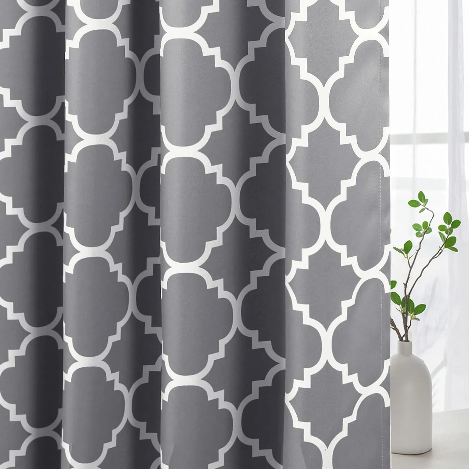 H.VERSAILTEX Blackout Curtains for Living Room/Bedroom Thermal Insulated Energy Saving Grommet Window Curtain Drapes (2 Panels) Geometric Moroccan Printed Draperies, Grey and White, 52 by 63 Inch