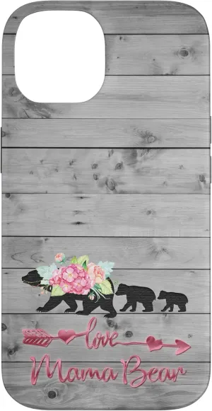 iPhone 14 Pink Floral Black Mama Bear Two cubs on Vintage Gray Rustic Case