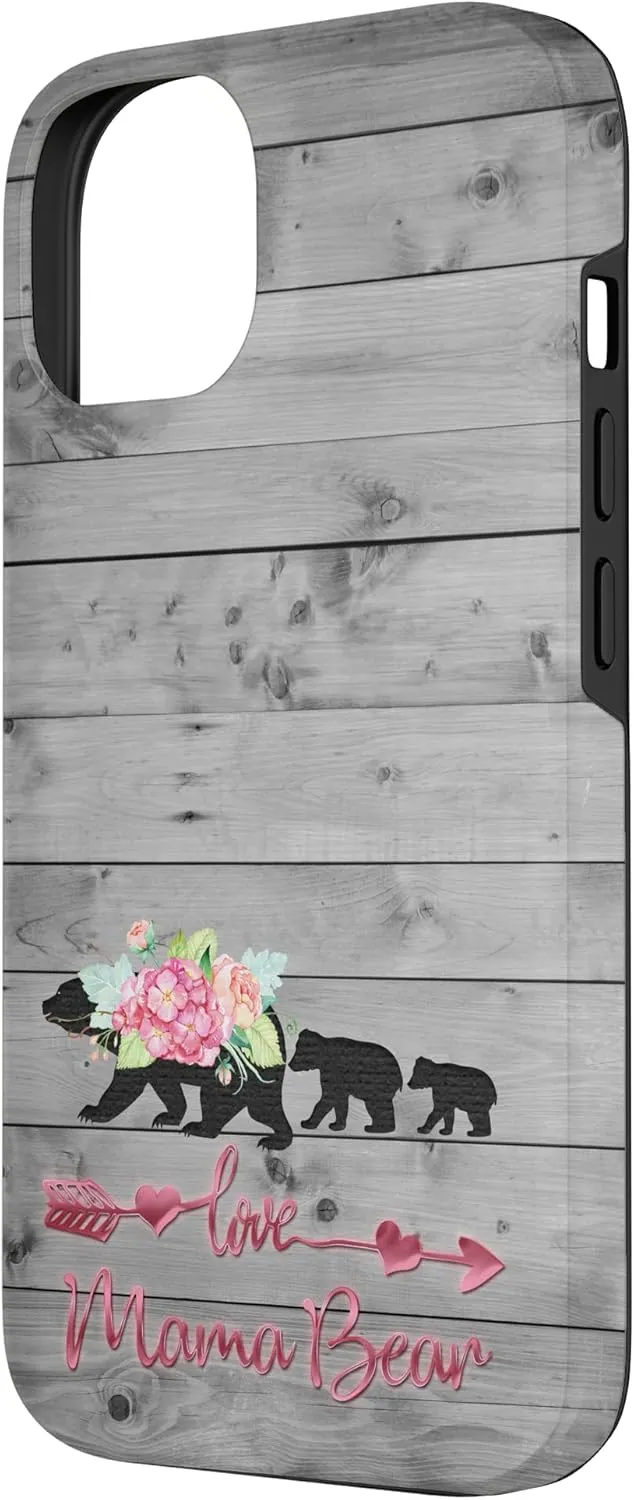 iPhone 14 Pink Floral Black Mama Bear Two cubs on Vintage Gray Rustic Case