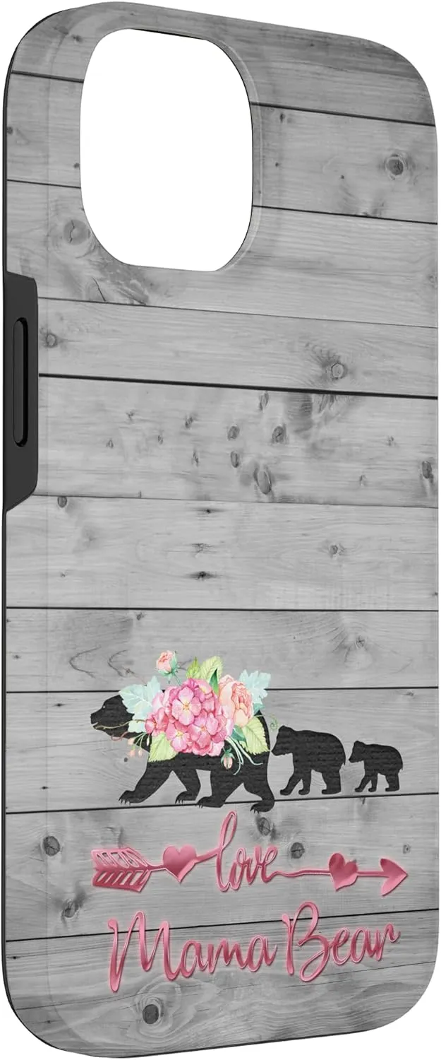iPhone 14 Pink Floral Black Mama Bear Two cubs on Vintage Gray Rustic Case