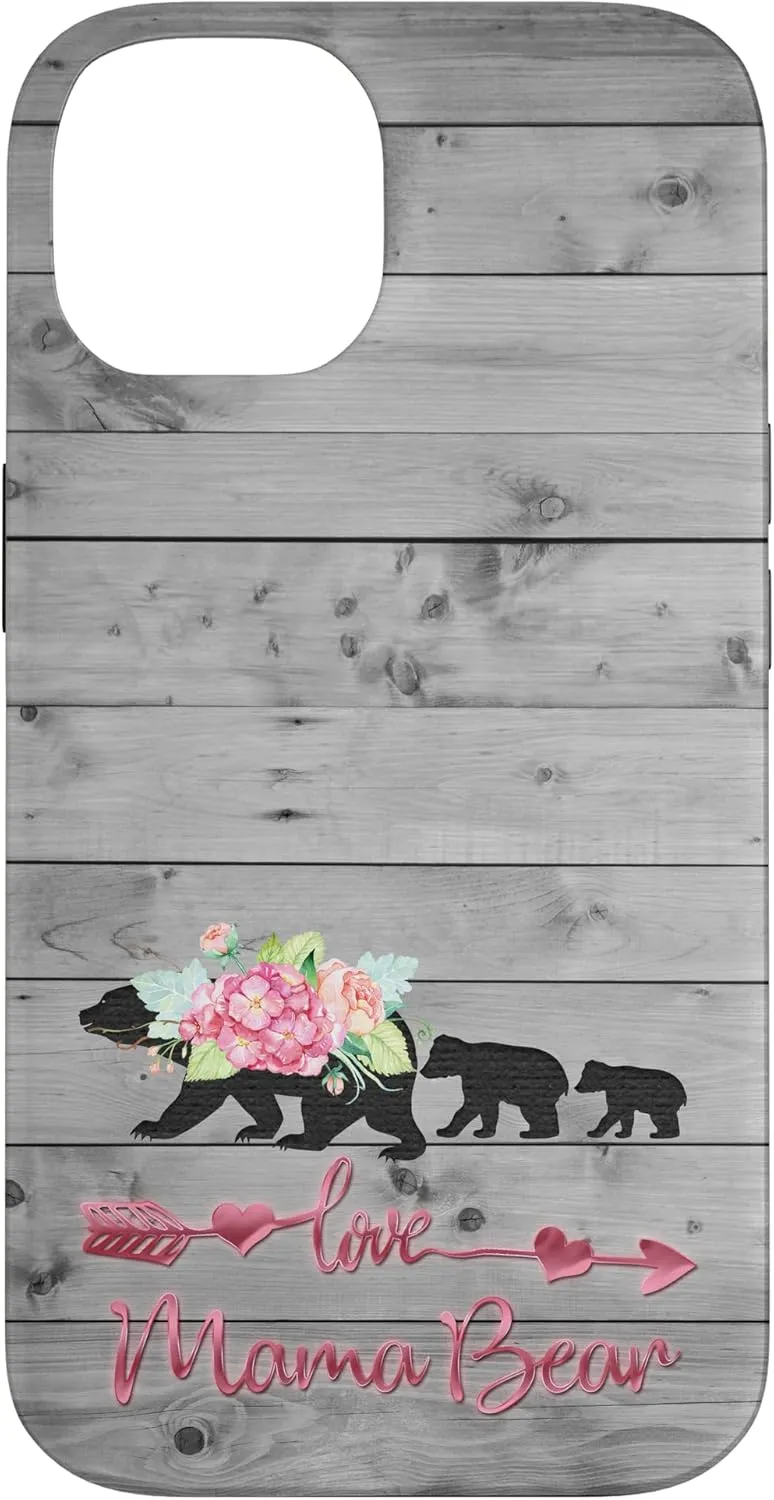 iPhone 14 Pink Floral Black Mama Bear Two cubs on Vintage Gray Rustic Case